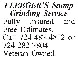 FLEEGERS Stump Grinding Service Fully  FLEEGERS Stump Grinding Service Fully Insured and Free Estimates. Call 724-487-4812 or  724-282-7804  Veteran Owned 