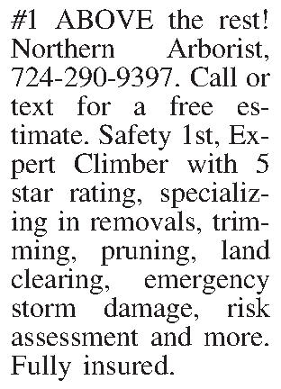 #1 ABOVE the rest!   #1 ABOVE the rest!  Northern Arborist, 724-290-9397. Call or text for a free estimate. Safety 1st, Expert Climber with 5 star rating, specializing in removals, trimming, pruning, land clearing, emergency storm damage, risk assessment and more. Fully insured.
