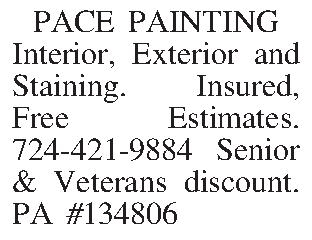 PACE PAINTING Interior, Exterior and  PACE PAINTING Interior, Exterior and Staining. Insured, Free Estimates.   724-421-9884 Senior & Veterans discount.  PA #134806