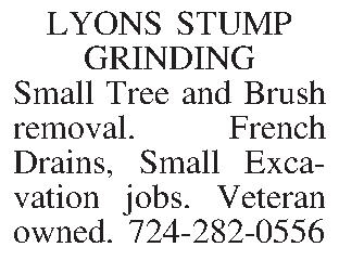 LYONS STUMP GRINDING Small Tree  LYONS STUMP GRINDING Small Tree and Brush removal. French Drains, Small Exca-vation jobs. Veteran owned. 724-282-0556