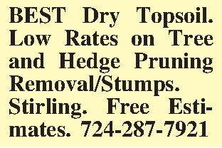 BEST Dry Topsoil. Low Rates  BEST Dry Topsoil. Low Rates on Tree and Hedge Pruning Removal/Stumps. Stirling. Free Esti-mates. 724-287-7921