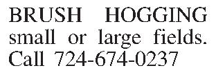BRUSH HOGGING small or large  BRUSH HOGGING small or large fields.                   Call 724-674-0237