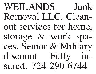 WEILANDS Junk Removal LLC.   WEILANDS Junk Removal LLC.  Clean-out services for home, storage & work spa-ces.  Senior & Military discount.  Fully insured. 724-290-6744
