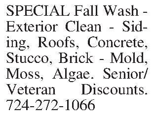 SPECIAL Fall Wash - Exterior  SPECIAL Fall Wash - Exterior Clean - Siding, Roofs, Concrete, Stucco, Brick - Mold, Moss, Algae. Senior/Veteran Discounts. 724-272-1066