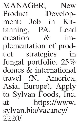 MANAGER, New Product Development: Job  MANAGER, New Product Development: Job in Kittanning, PA. Lead creation & implementation of product strategies in fungal portfolio. 25% domes & international travel (N. America, Asia, Europe). Apply to Sylvan Foods, Inc. at https://www.sylvan.bio/vacancy/2220/