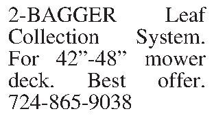 2-BAGGER Leaf Collection System. For  2-BAGGER Leaf Collection System. For 42-48 mower deck. Best offer. 724-865-9038 