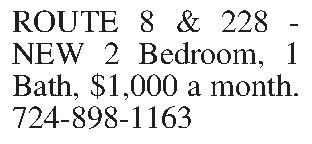 ROUTE 8 & 228 -  ROUTE 8 & 228 - NEW 2 Bedroom, 1 Bath, $1,000 a month. 724-898-1163